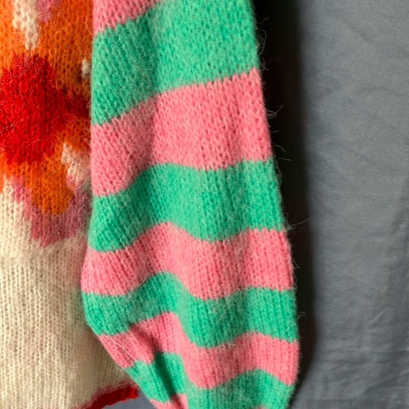 Gold & Silver: Pink & Green Crew Neck Floral Design Sweater- One size fits most - Picture 5 of 16